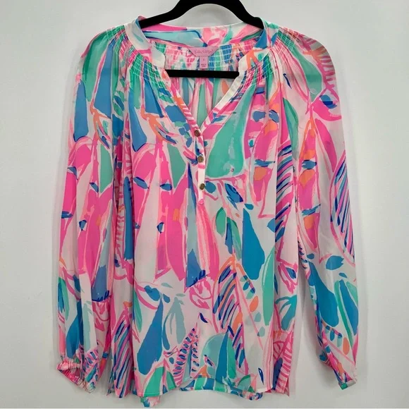 Lilly Pulitzer 100% Silk Elsa Blouse Top Shirt Floral Leaf Out to Sea Nautical S - Picture 5 of 10